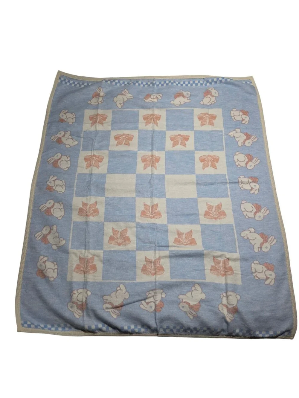 Vintage Faribo Cotton Tales Bunny Rabbit Bow Pink Blue Cotton Baby Kid Blanket